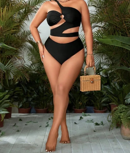 Maillot de bain grande taille une épaule découpée noir Sexy Bikini