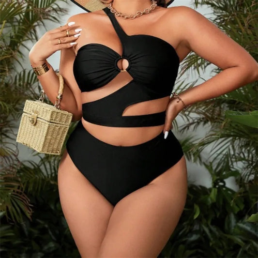 Maillot de bain grande taille une épaule découpée noir Sexy Bikini