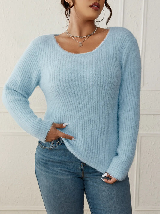 Pull Côtelé Bleu à Col en V pour Femme, Grande Taille