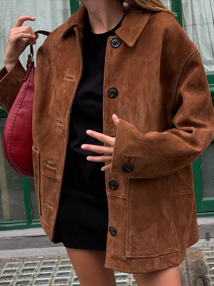 Veste marron à simple boutonnage pour femme, manteau court décontracté, manches longues, revers, chaud