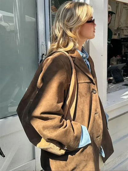 Veste en cuir suédé marron pour femme, manteau court à manches longues