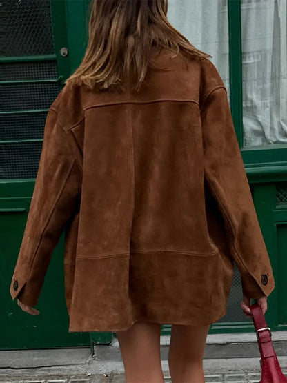 Veste marron à simple boutonnage pour femme, manteau court décontracté, manches longues, revers, chaud