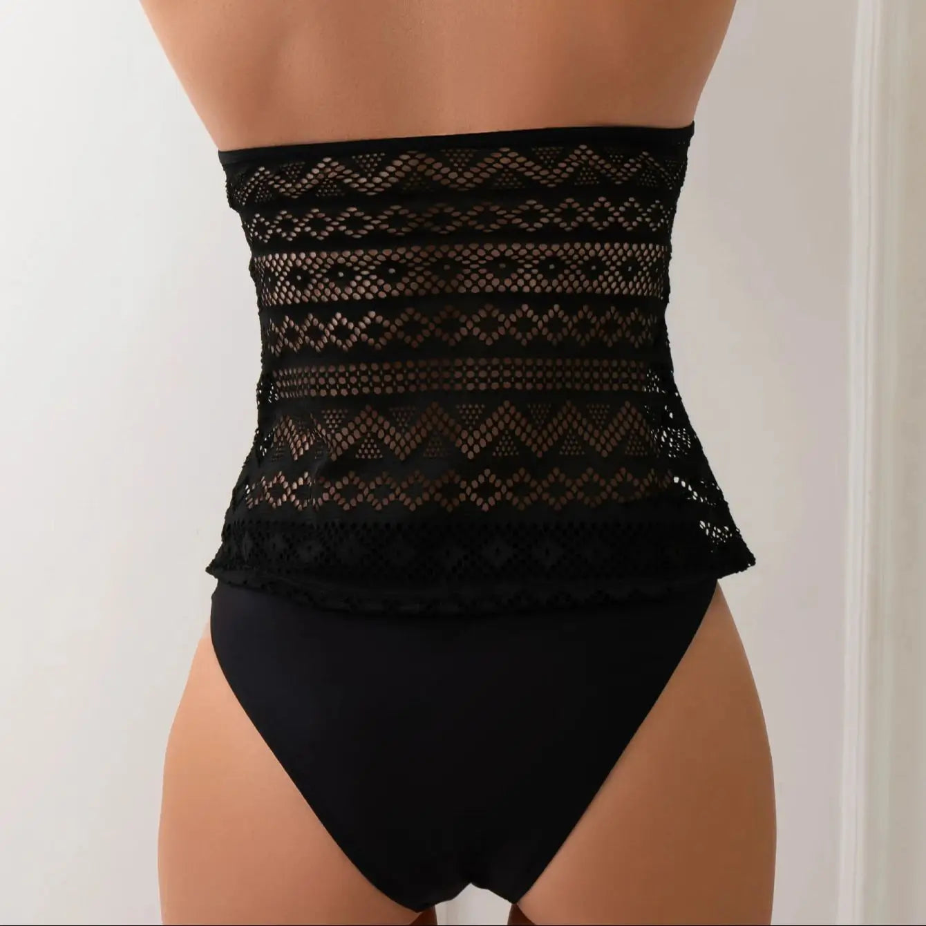 Maillot de bain 2 pièces, col licou triangle imbibé en dentelle noire