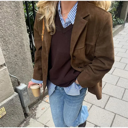 Veste en cuir suédé marron pour femme, manteau court à manches longues